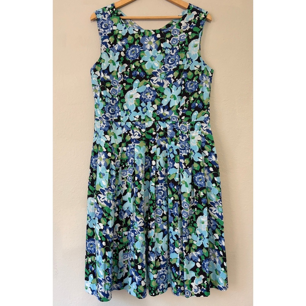 Chadwicks Womens Floral Pleated Fit & Flare Pocket Dress 16 Blue Green Summer - Picture 2 of 9